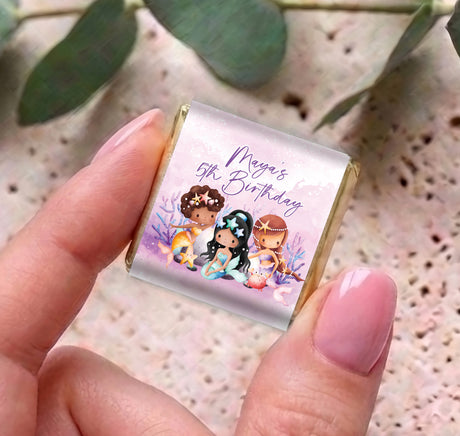 Personalised mermaid mini chocolate bar wrapper reading “Maya’s 5th Birthday” close-up