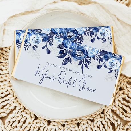 Blue rose floral chocolate bar wrapper, 'Thank you for coming' and 'Kylie's Bridal Shower'