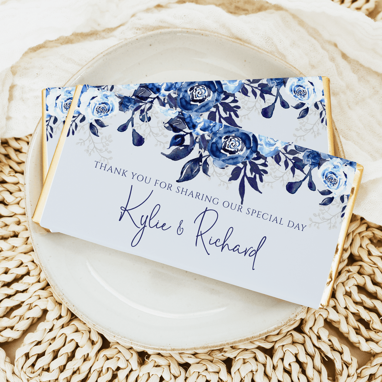 Navy floral wedding chocolate bar wrapper: "Thank you" for Kyle & Richard