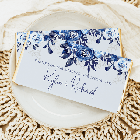 Navy floral wedding chocolate bar wrapper: "Thank you" for Kyle & Richard