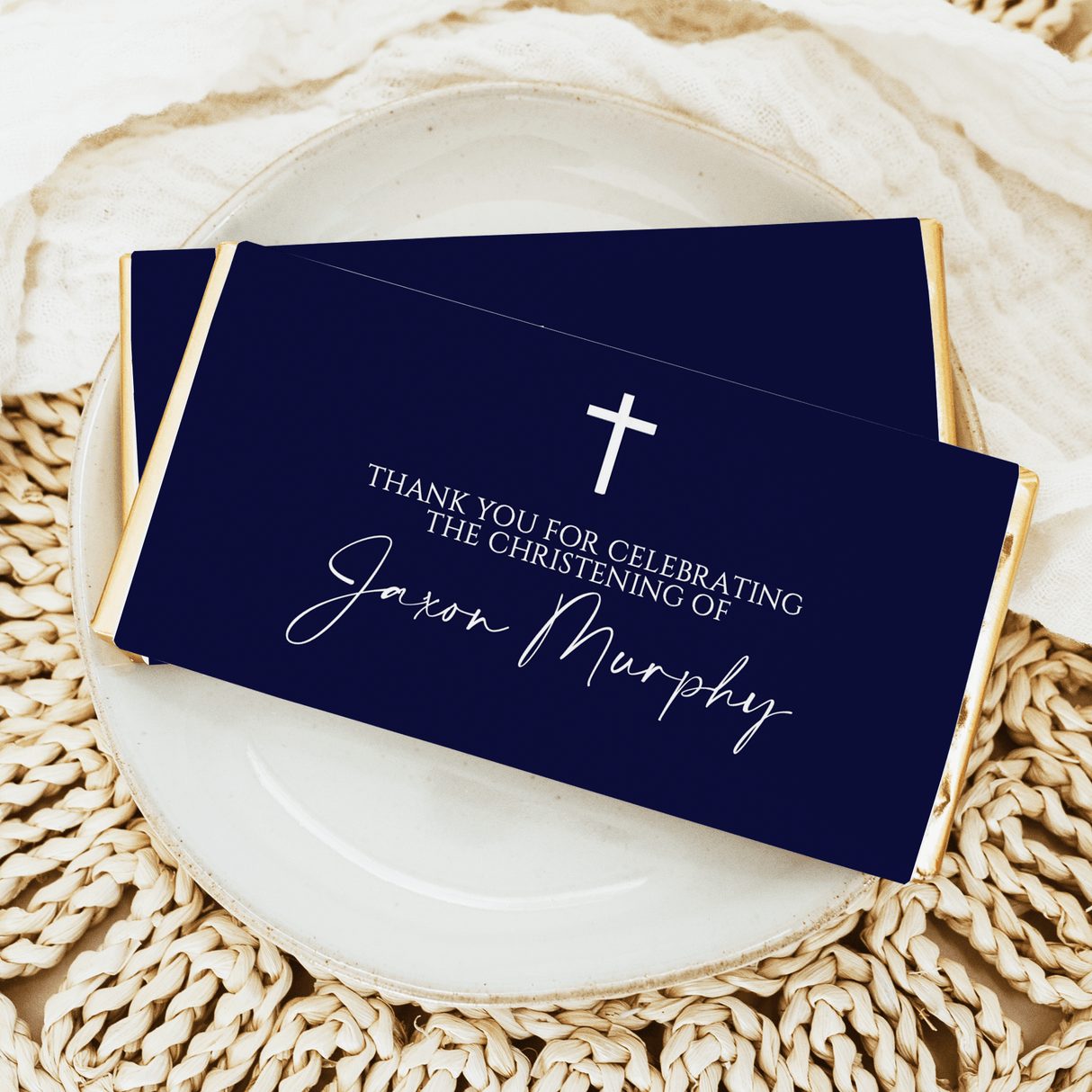 Navy christening chocolate bar with white cross and thank-you text