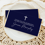 Navy and white custom chocolate bar wrapper with cross and 'Thank you' text