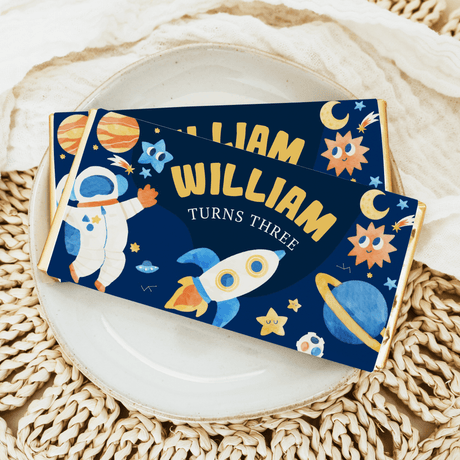 Outer Space birthday chocolate bar wrapper: rocket, planets, 'William turns three'