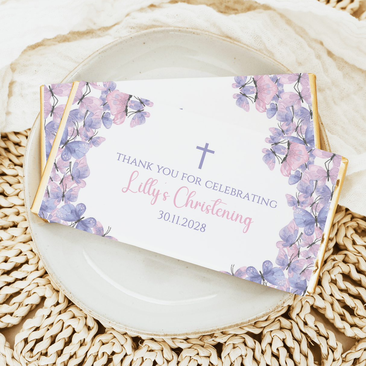 Pastel butterfly christening chocolate bar with 'Thank you' text and cross