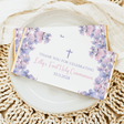 Chocolate bar wrapper with pastel purple butterfly florals, crosses, thank-you communion text