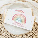 Pastel rainbow chocolate bar wrapper: 'Charlie's Third Birthday'