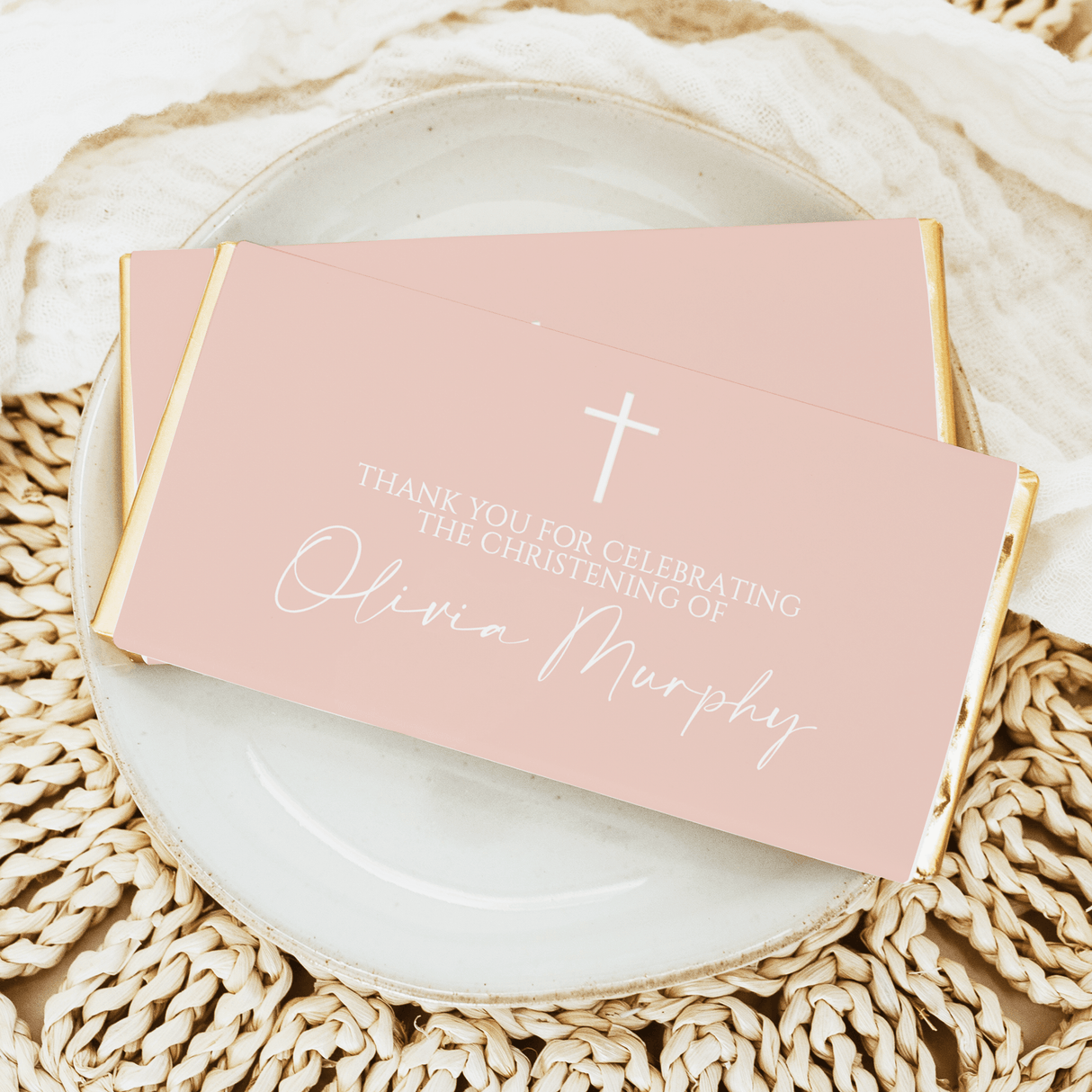 Peach custom christening chocolate bar wrapper with cross and thank-you message