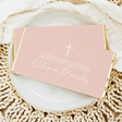 First Holy Communion chocolate bars with pink wrapper, white cross and celebratory text