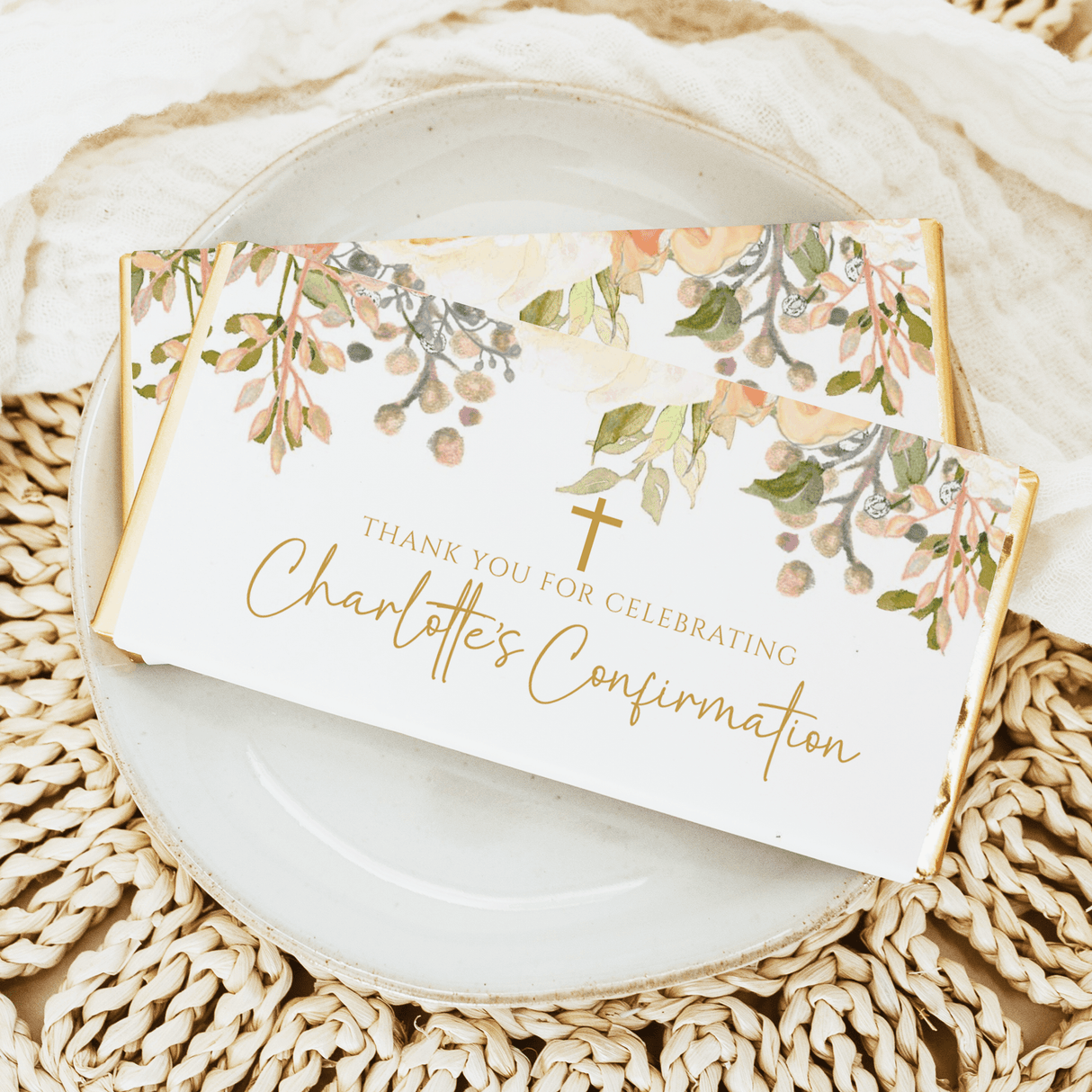 Peach and cream floral confirmation chocolate bar wrapper with cross and script message