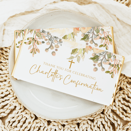 Peach and cream floral confirmation chocolate bar wrapper with cross and script message