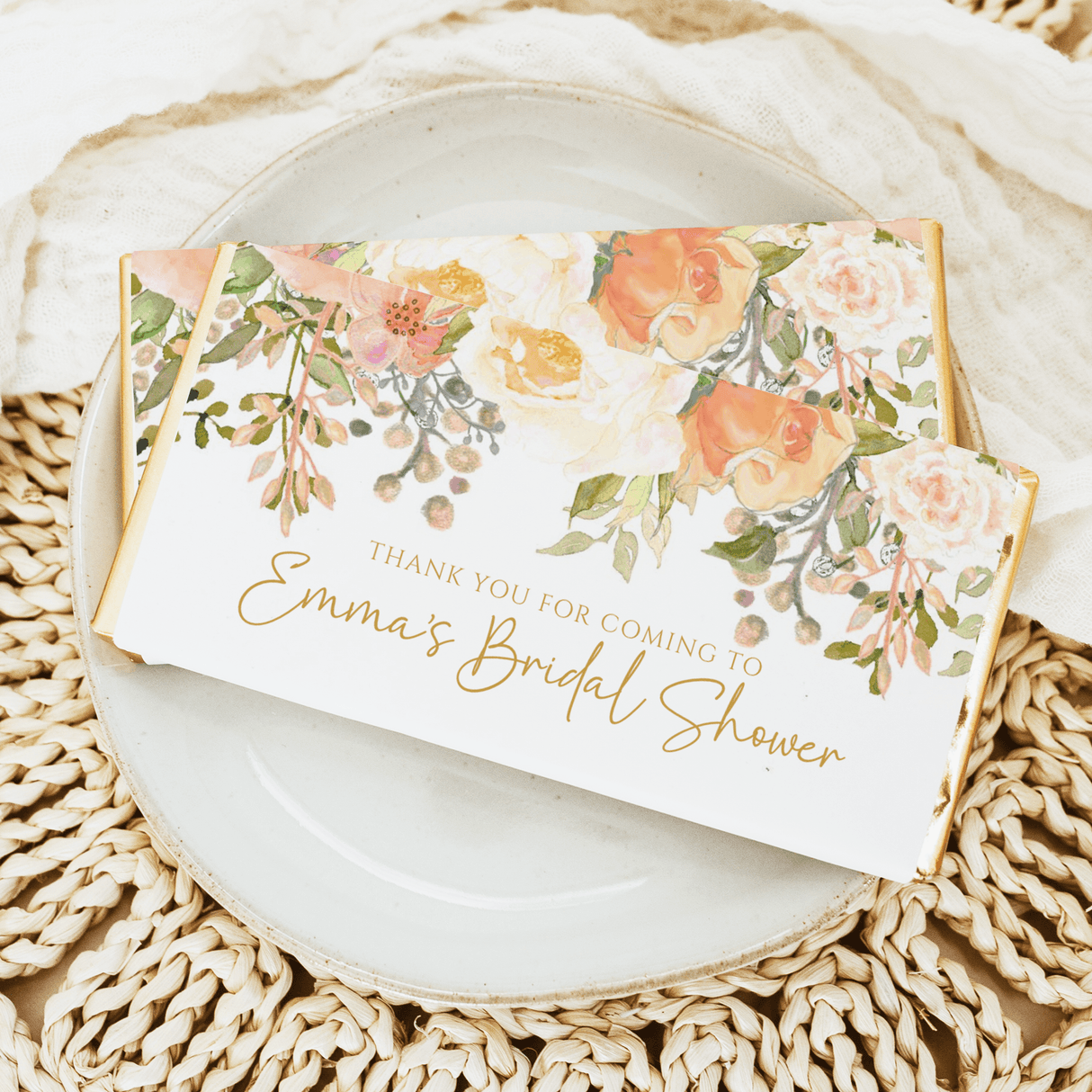 Peach floral bridal shower chocolate bar wrapper with “Thank you for coming” text