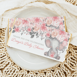 Pink floral elephant personalised baby shower chocolate bar wrapper with thank you text