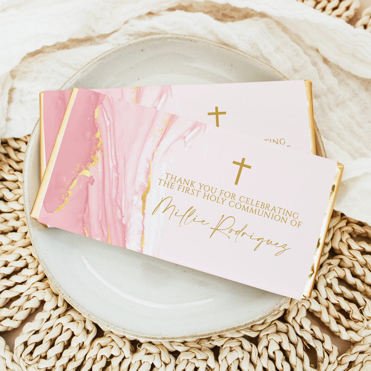 Pink & Gold Marble Custom First Holy Communion Chocolate Bars