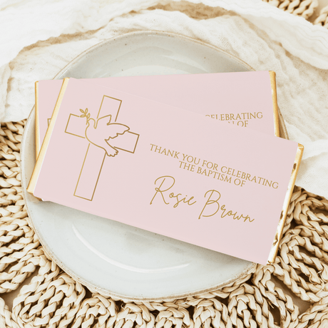 Pink and gold baptism chocolate bar wrapper with cross and dove, 'Thank you' text
