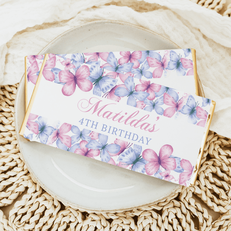 Watercolor butterfly birthday chocolate bar wrapper, pink/blue butterflies, Matilda's 4th