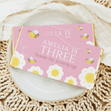 Pink bee birthday chocolate bar wrapper, Amelia is three, Thanks for buzzing by
