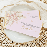 Pink christening chocolate bars with floral bouquet, gold crosses, and name Claire Brown