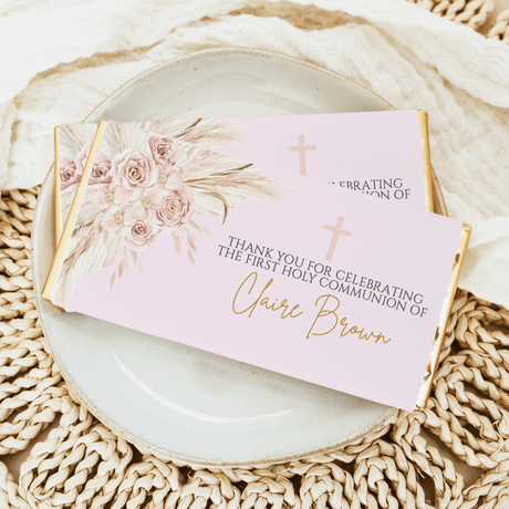 Pink boho First Holy Communion chocolate bar wrapper with floral bouquet and crosses