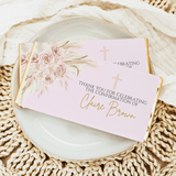 Pink confirmation thank-you chocolate bar wrapper with floral cross and custom name