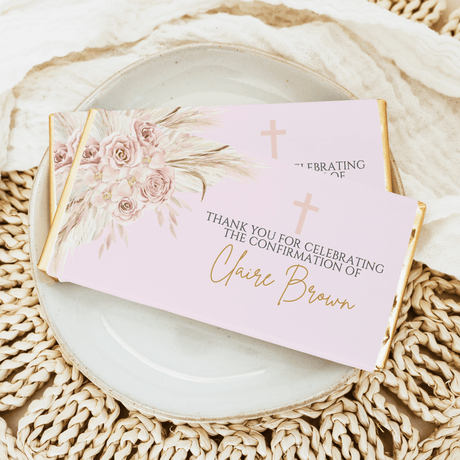 Pink confirmation thank-you chocolate bar wrapper with floral cross and custom name