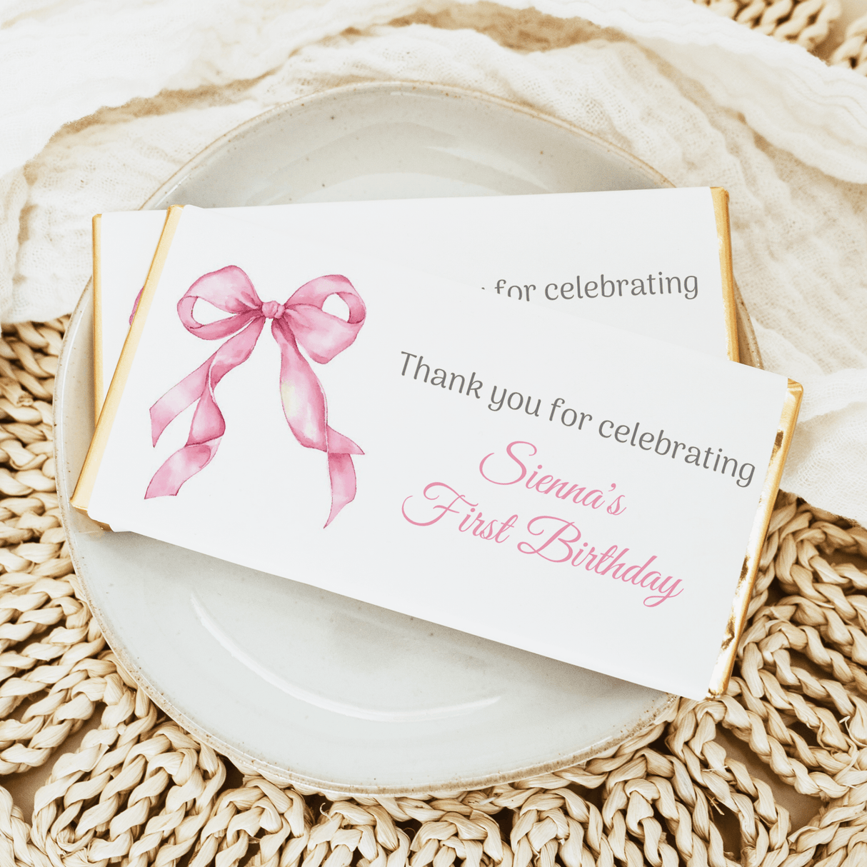 Pink bow first birthday chocolate bar wrapper, thank-you celebrating message