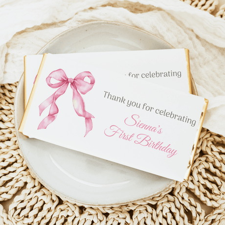 Pink bow first birthday chocolate bar wrapper, thank-you celebrating message