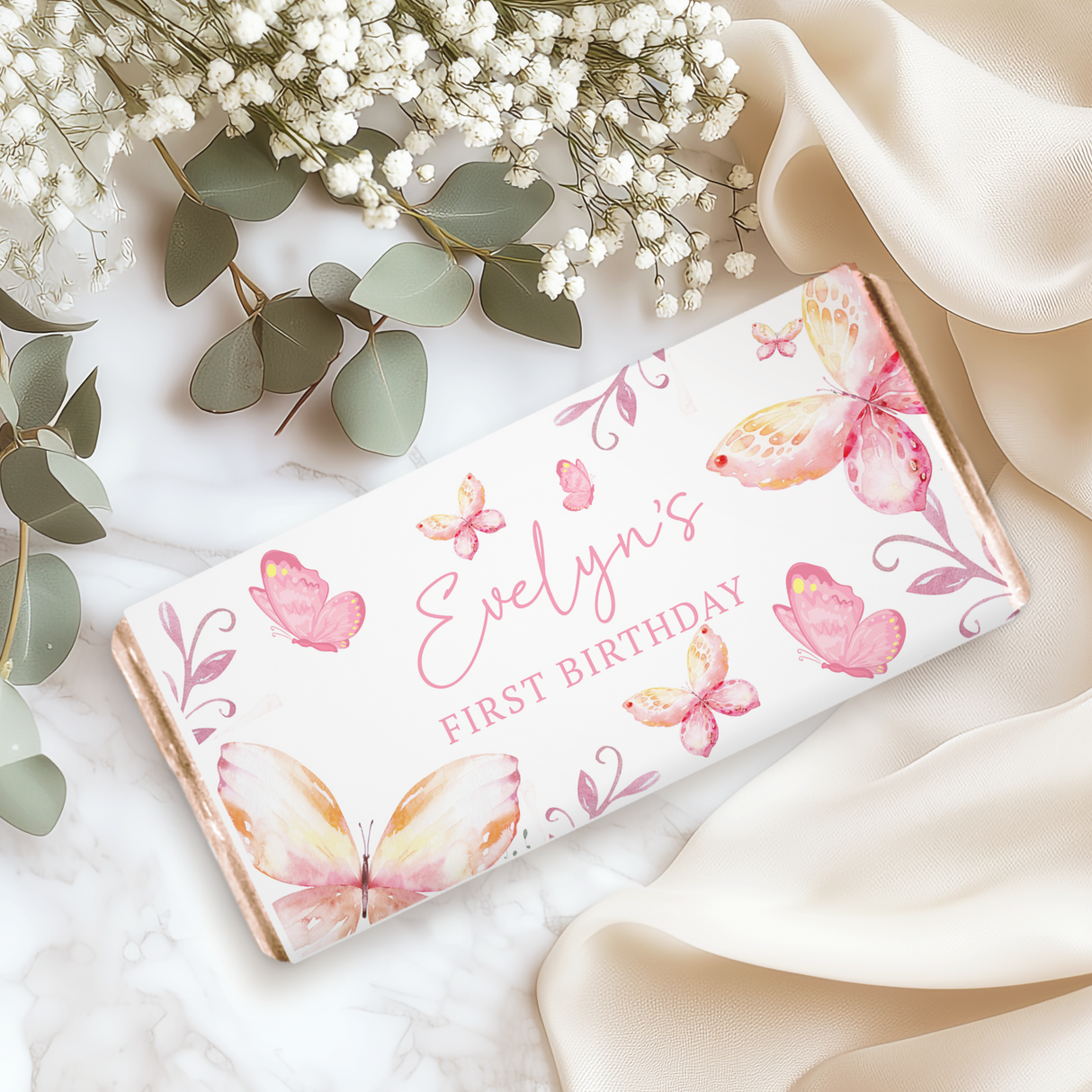 Pink Butterflies First Birthday Chocolate Bar