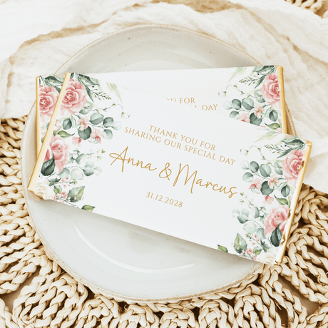 Pink floral wedding chocolate bar wrapper, white with pink roses, eucalyptus, gold text