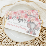 Chocolate bar wrapper with pink floral prints, gray elephant, and “Sophia’s 1st Birthday” text