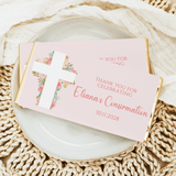 Custom confirmation chocolate bar with pink floral cross and thank-you message card