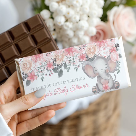 Personalized baby shower chocolate bar with pink floral elephant and thank-you text