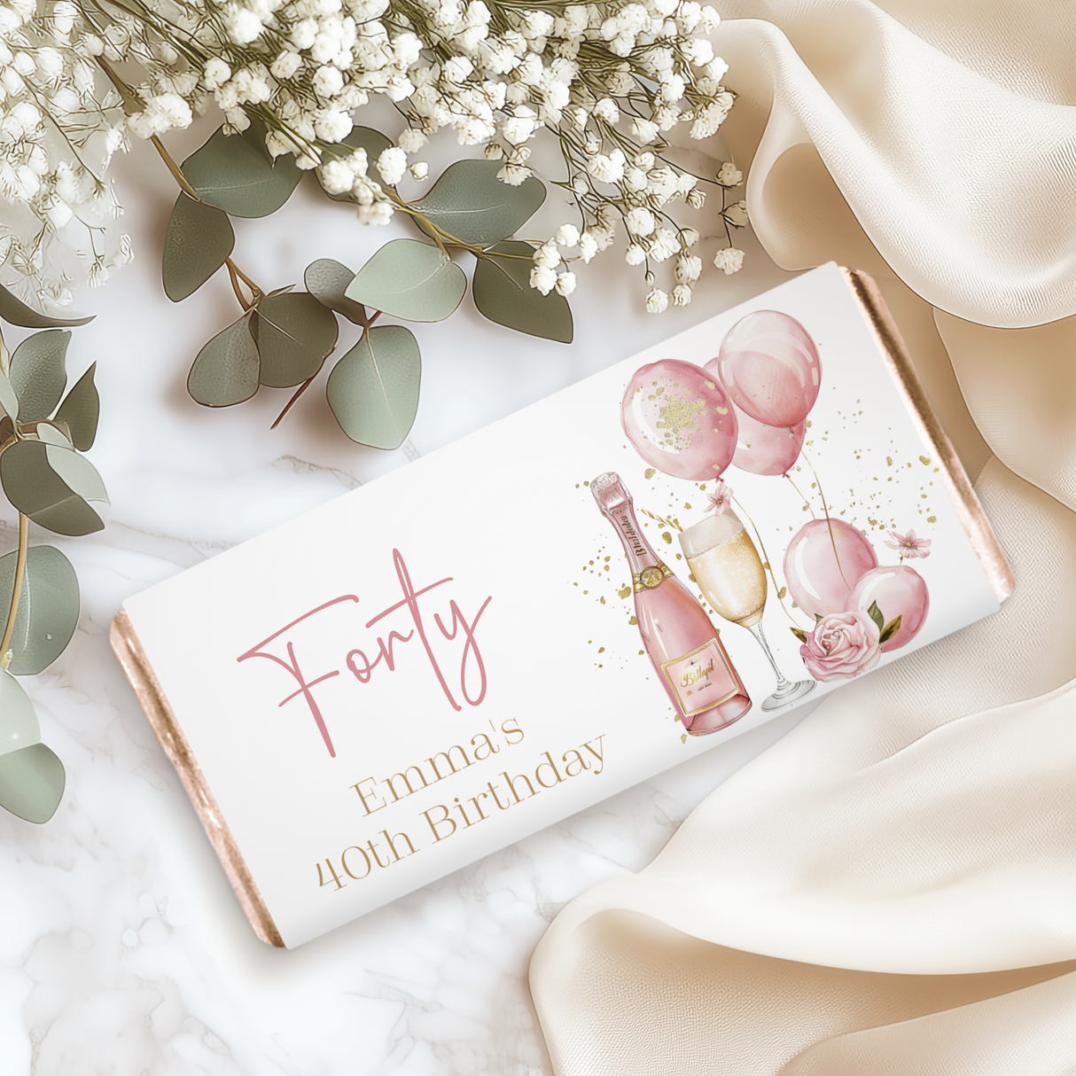 Pink Gold Champagne 40th Birthday Chocolate Bar