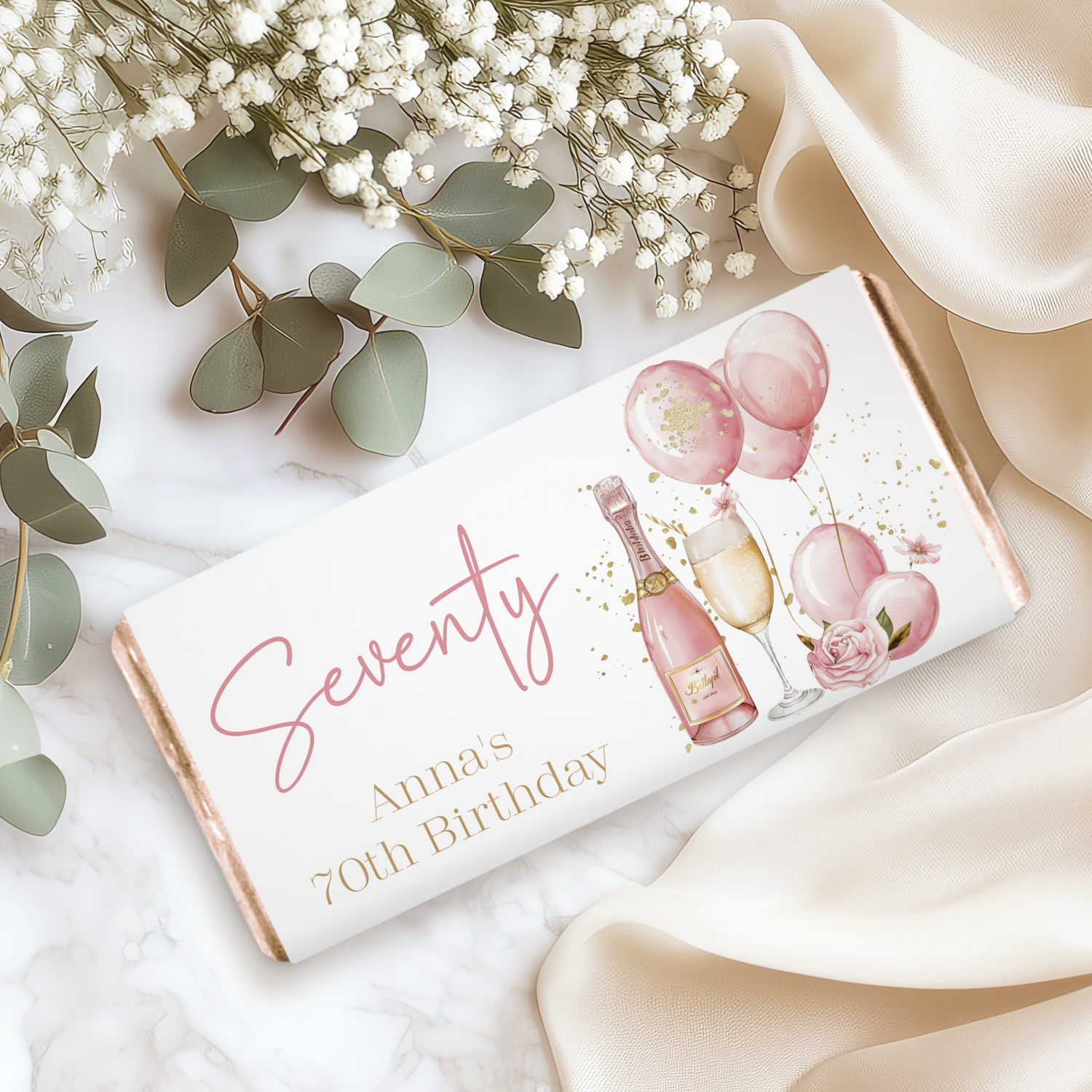 Pink Gold Champagne 70th Birthday Chocolate Bar