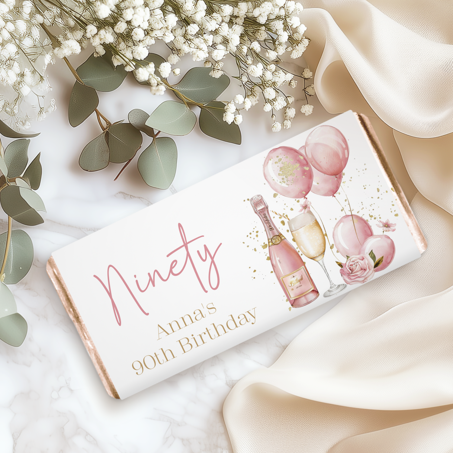 Pink Gold Champagne 90th Birthday Chocolate Bar