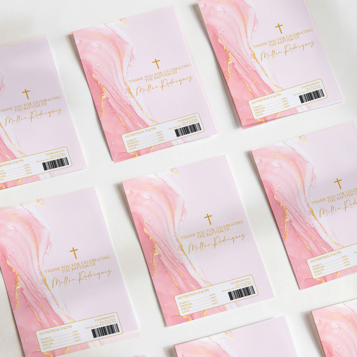 Pink & Gold Marble Baptism DIY Printed Chocolate Wrappers
