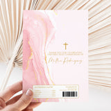 Pink & gold marble Holy Communion chocolate wrapper with gold cross, held up, nutrition panel