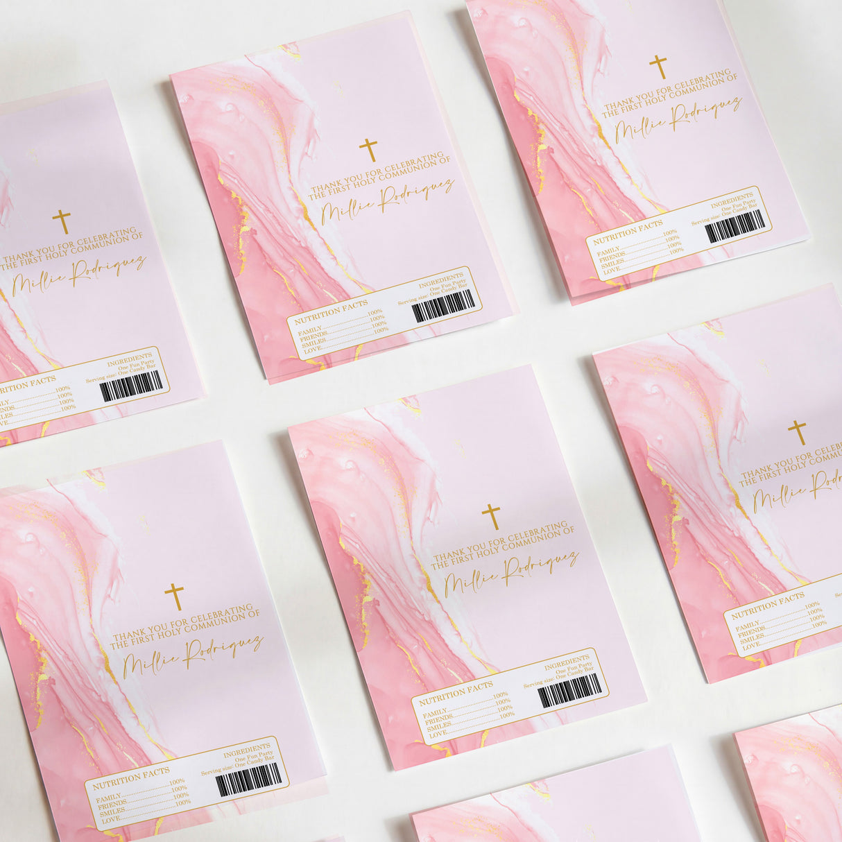 Pink & gold marble Holy Communion chocolate wrapper sheets with gold cross and text