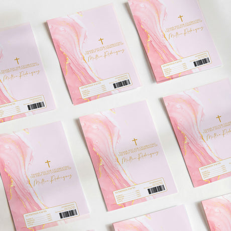 Pink & gold marble Holy Communion chocolate wrapper sheets with gold cross and text