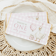 Pink plaid first birthday chocolate bar wrapper with goose illustrations and party hat