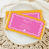 Pink and orange wavy bridal shower chocolate bar with cursive 'Angie's' and 'BRIDAL SHOWER' text