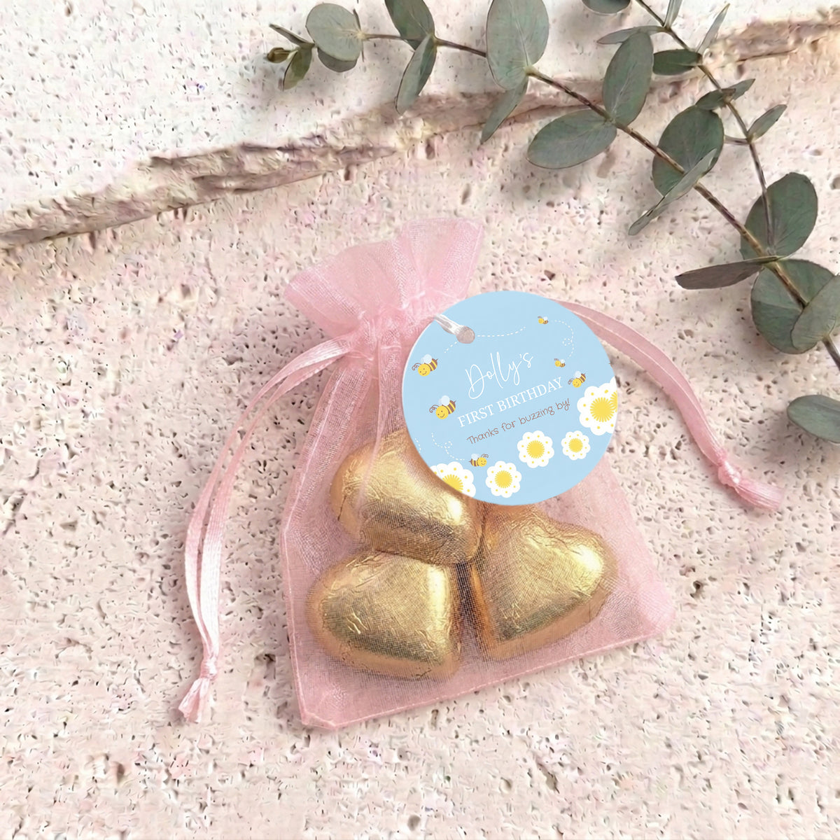 Blue Bumble Bee First Birthday Personalised Organza Bags with Chocolate Hearts