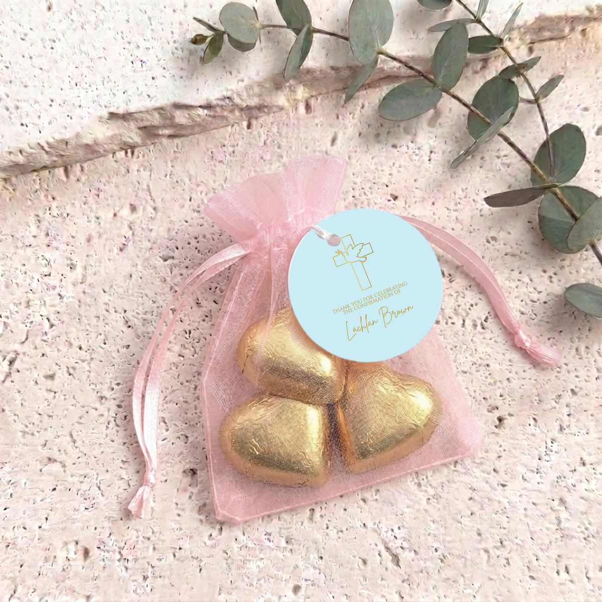 Blue Dove Cross Confimration Personalised Organza Bags with Chocolate Hearts