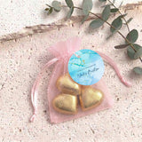 Blue Gold Cross Baptism Personalised Organza Bags with Chocolate Hearts