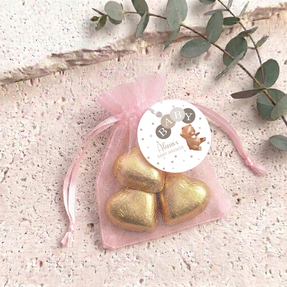 Brown Bear Balloons Baby Shower Personalised Organza Bags with Chocolate Hearts