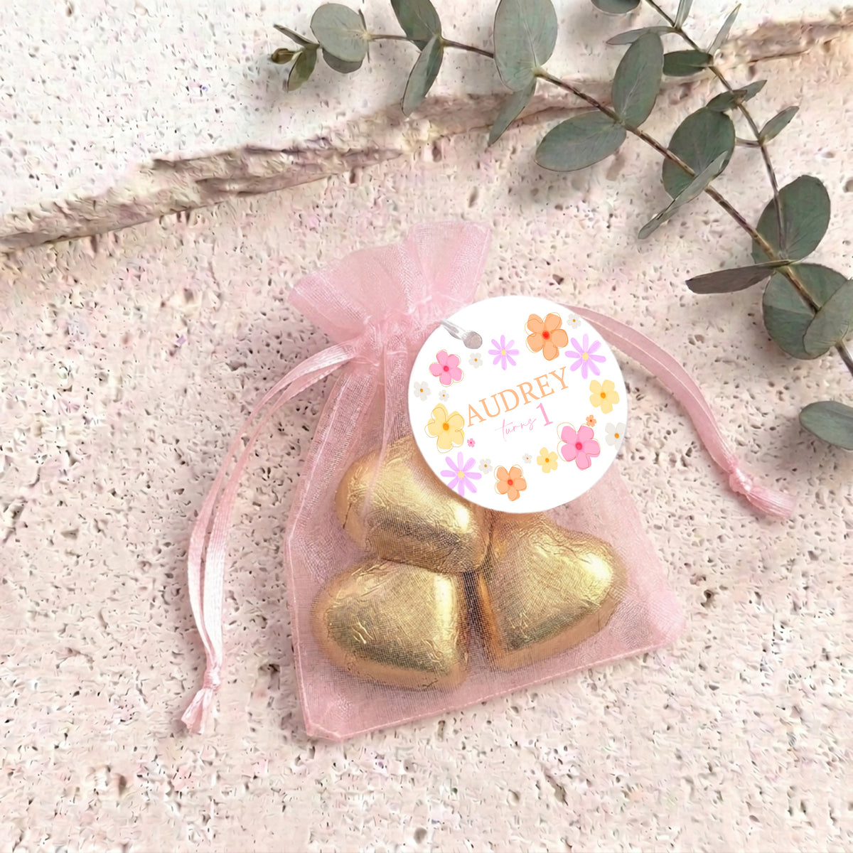 Bright Daisies First Birthday Personalised Organza Bags with Chocolate Hearts