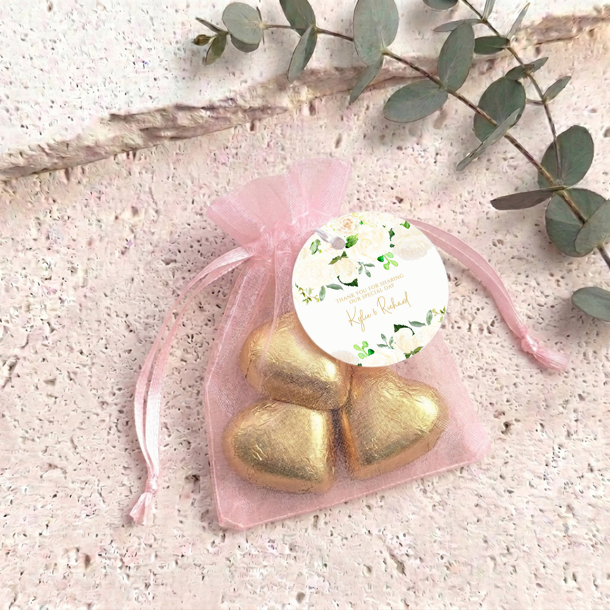 Cream Rose Waterfall Wedding Personalised Organza Bags with Chocolate Hearts