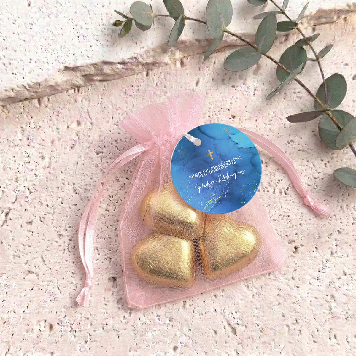 Deep Blue Gold Cross Confirmation Personalised Organza Bags with Chocolate Hearts