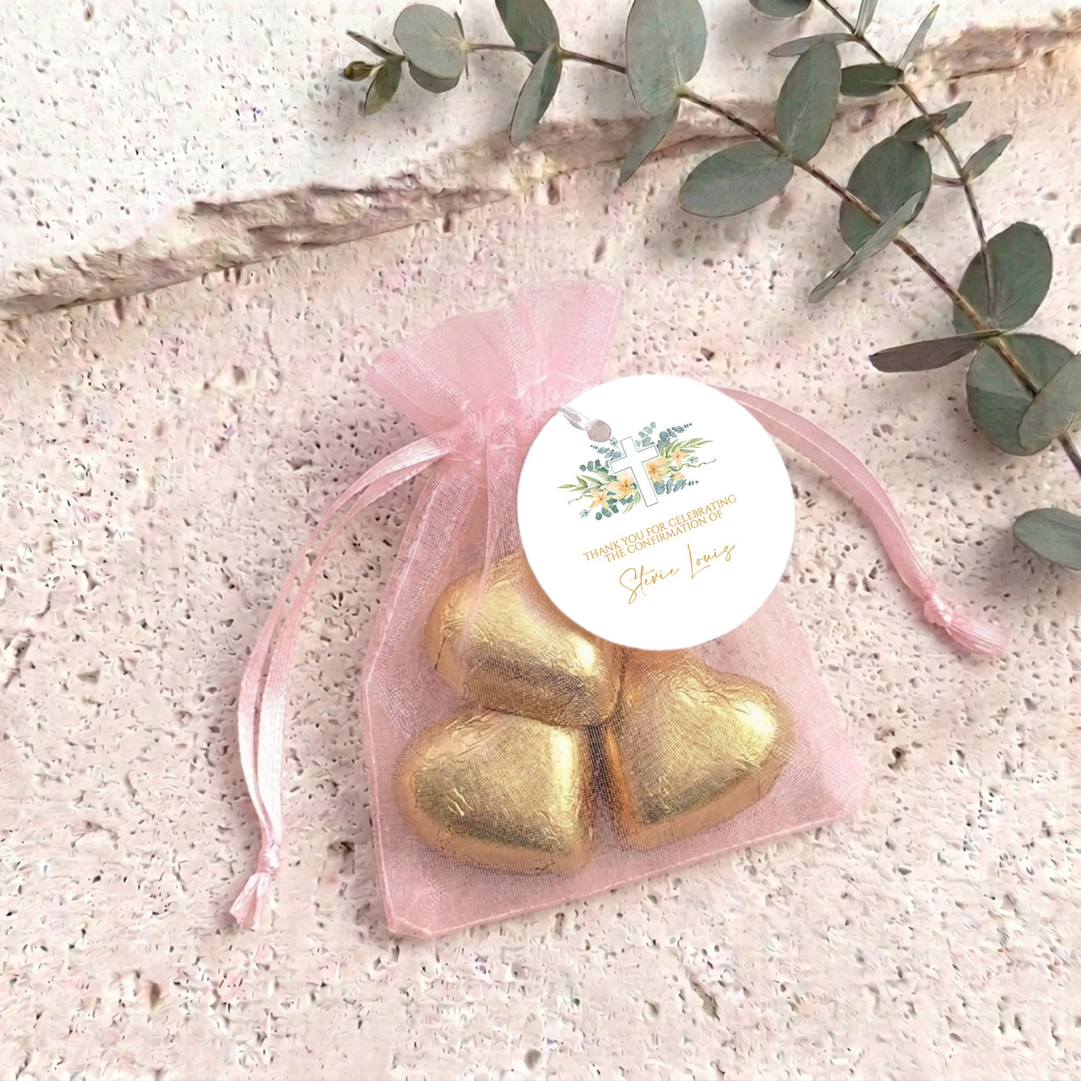 Floral Cross Confirmation Personalised Organza Bags with Chocolate Hearts