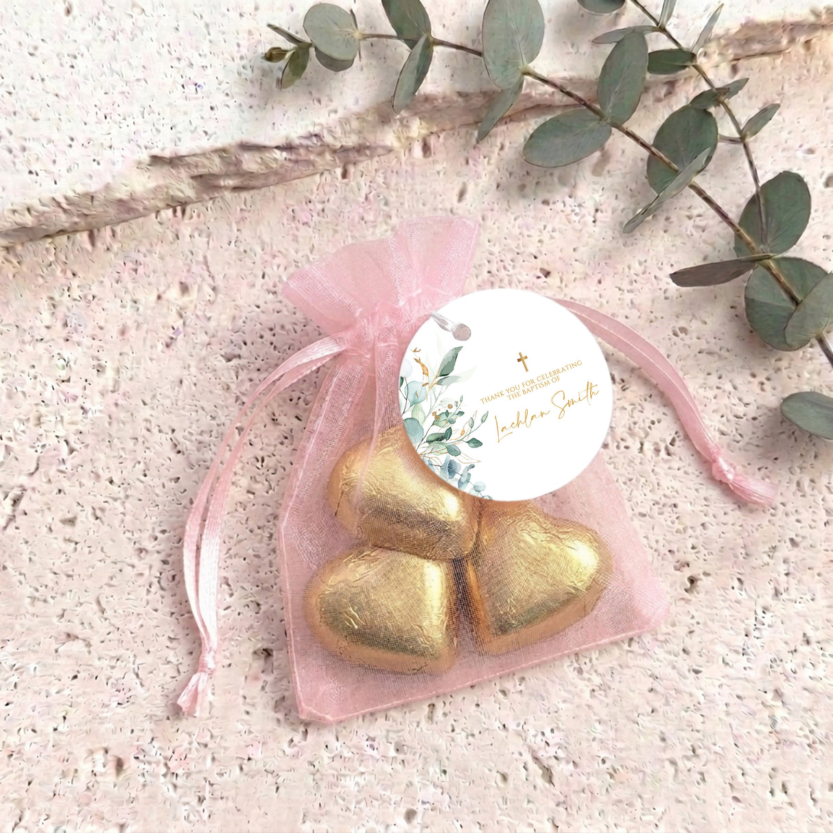 Green Leaves Gold Cross Baptism Personalised Organza Bags with Chocolate Hearts
