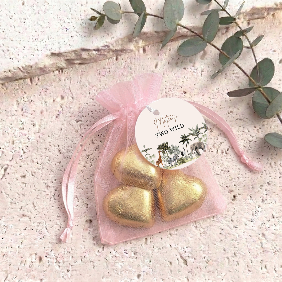 Jungle Safari Two Wild Personalised Organza Bags with Chocolate Hearts